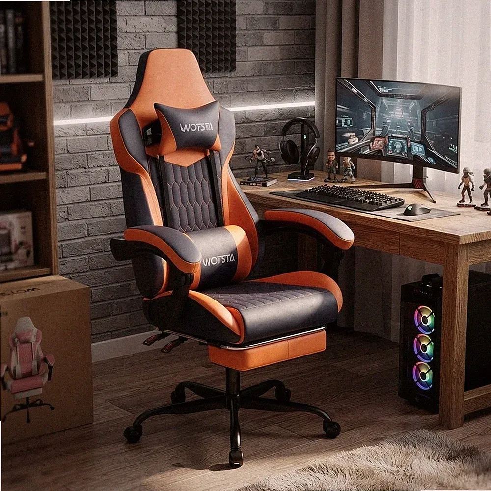 Professioneller ergonomischer Gaming Stuhl mit verstellbarer Lordosenstütze & Fußstütze