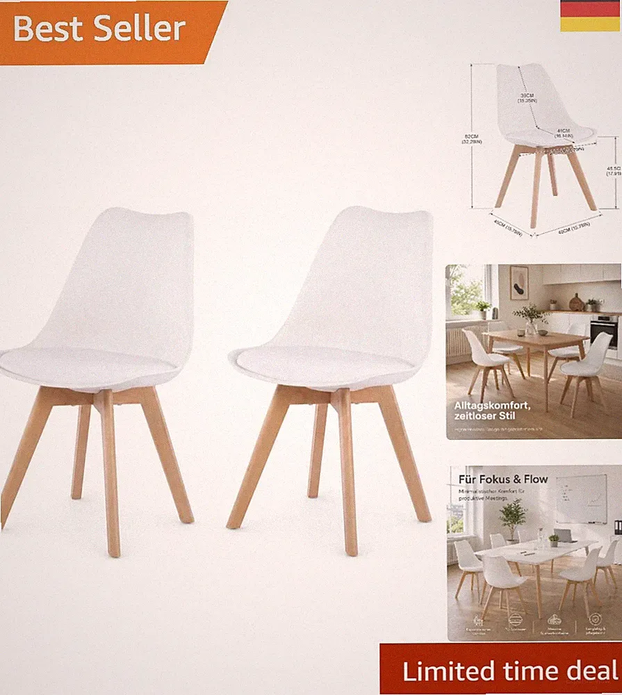 Schalenstuhl 2er Set Weiß mit Buchenholzbeinen und Pflegeleichter Oberfläche