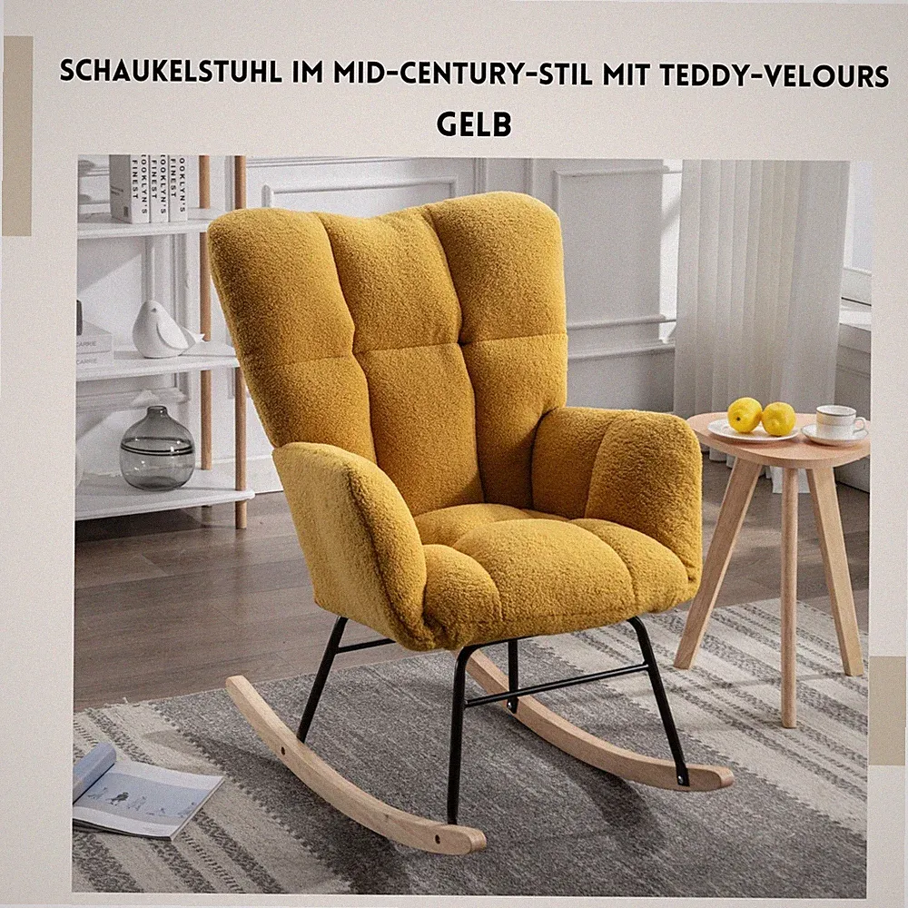 Schaukelstuhl im Mid-Century-Stil mit Teddy-Velours, ergonomischer Rückenlehne