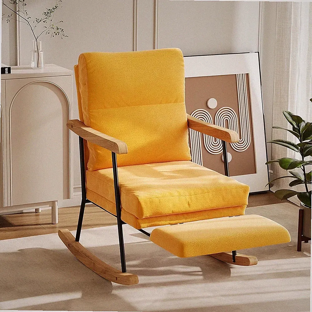 Schaukelstuhl mit Fußstütze Sessel Gelb Modern Stillstuhl Relaxsessel 120kg Holz