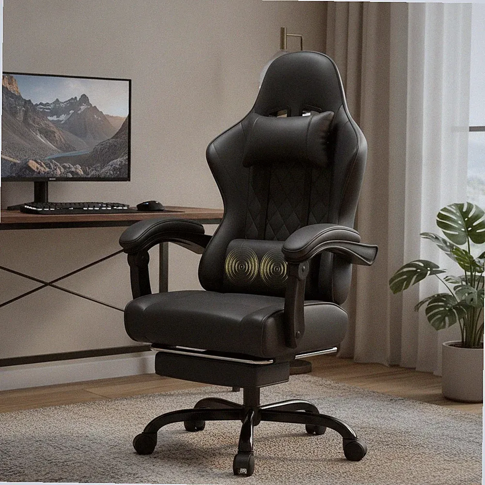 Schwarzer ergonomischer Gaming Stuhl mit Drehstuhl, Fußstütze & Massagekissen für Erwachsene