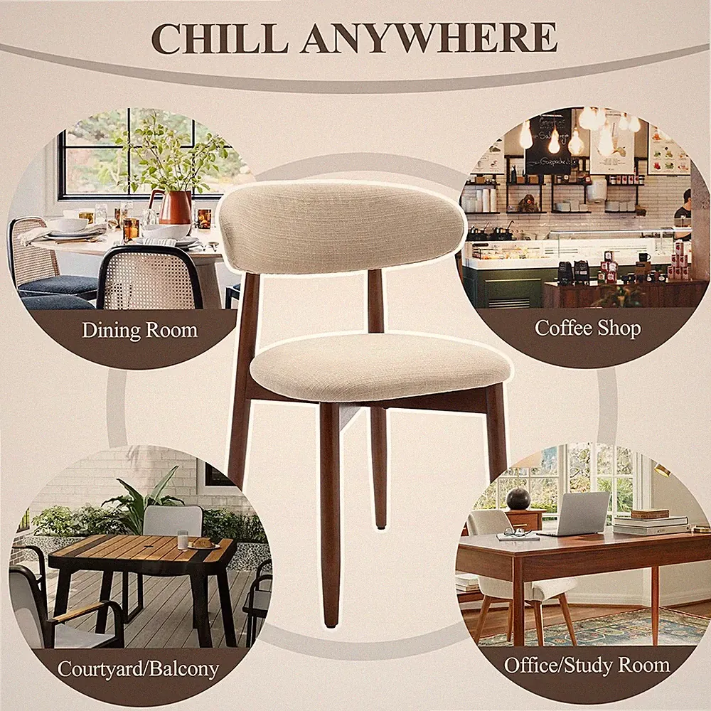 Set of 2 Solid Wood Upholstered Dining Chairs - Ergonomic Curved Back, Fabric