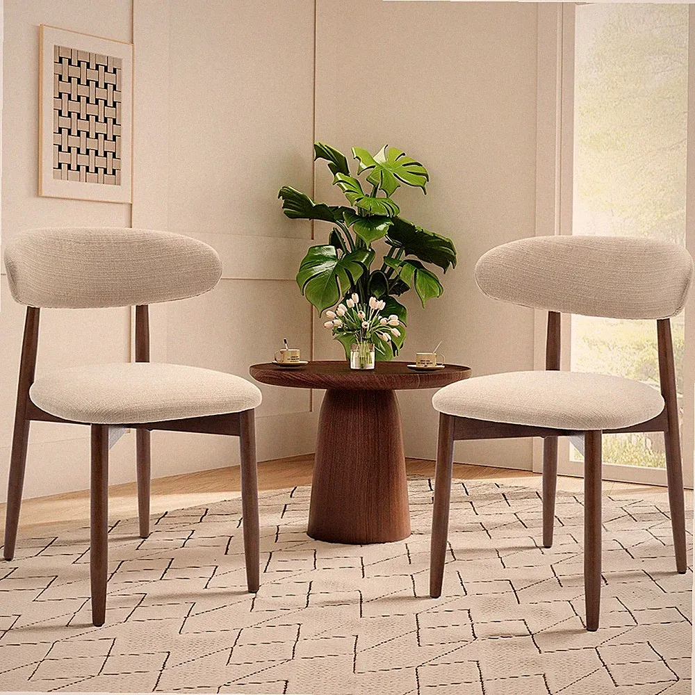 Set of 2 Solid Wood Upholstered Dining Chairs - Ergonomic Curved Back, Fabric