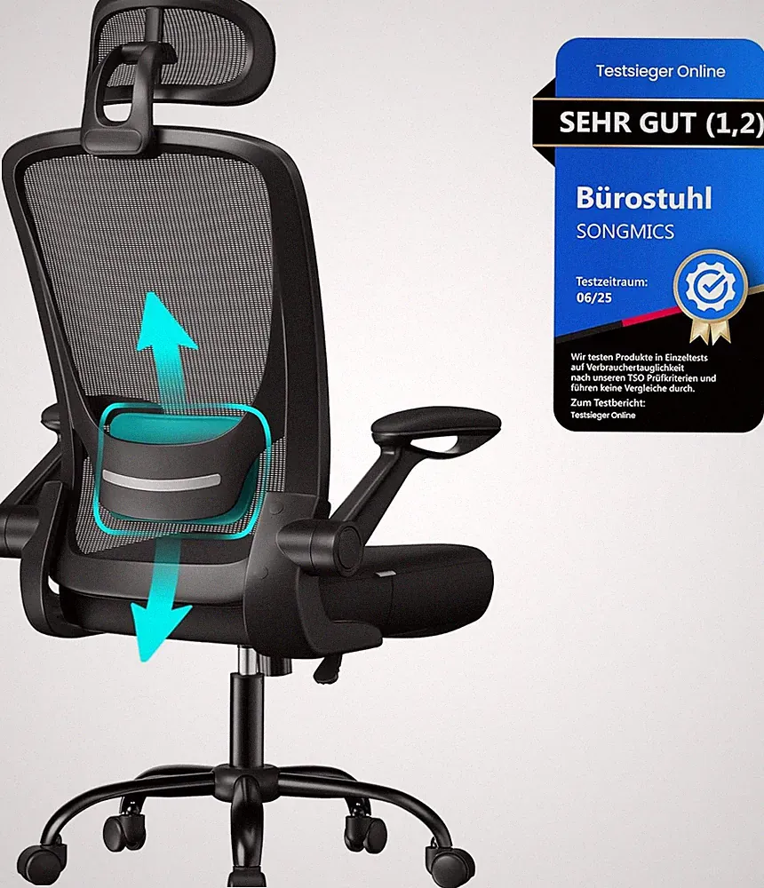 SONGMICS Bürostuhl Ergonomisch, Drehstuhl Mit Mesh, Lenden- Und Kopfstütze, Wipp