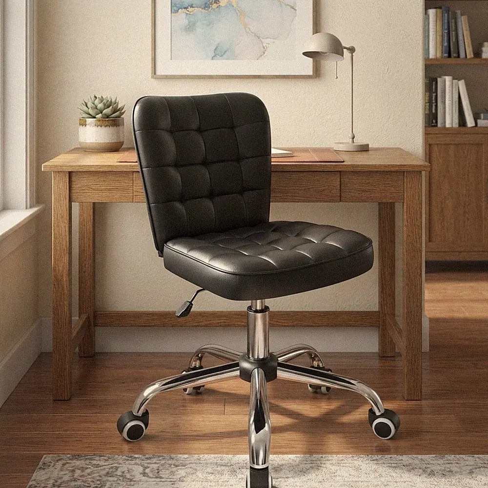 Stilvoller armloser Schreibtischstuhl | Ergonomisches Kunstleder, höhenverstellbar, Schwarz