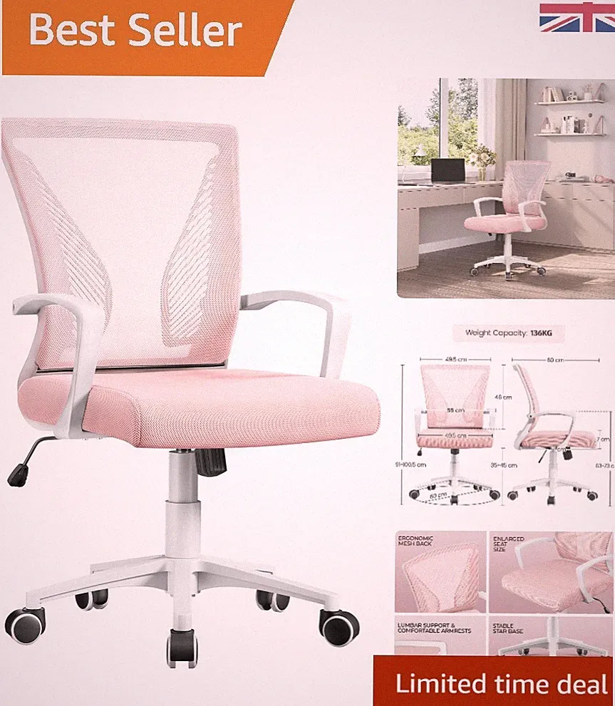 Stilvoller rosa Netz Computerstuhl - ergonomisch mit 360 Grad Dreh- & Armlehnen