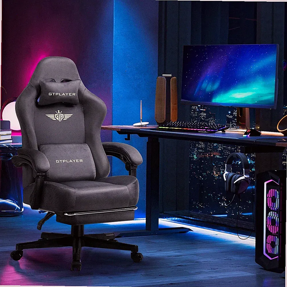 Stoff Gaming Stuhl, ergonomischer Computerstuhl mit Fußstütze und Lordosenstütze H
