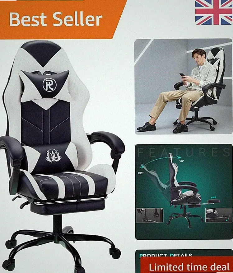 Stylischer Gaming Stuhl mit Lordosenstütze & Kunstlederoptik - 200 kg Tragkraft
