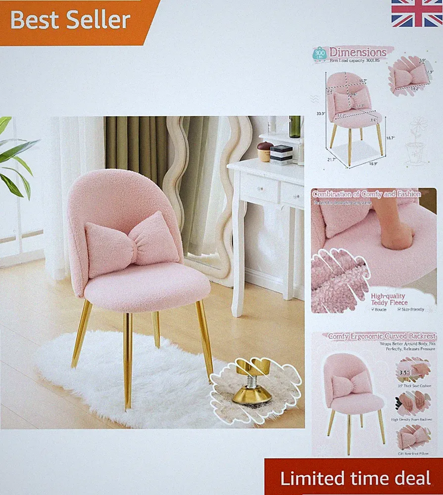 Süßer Teddy rosa Mädchen Kosmetikstuhl mit verstellbaren goldenen Beinen & Schleifenkissen