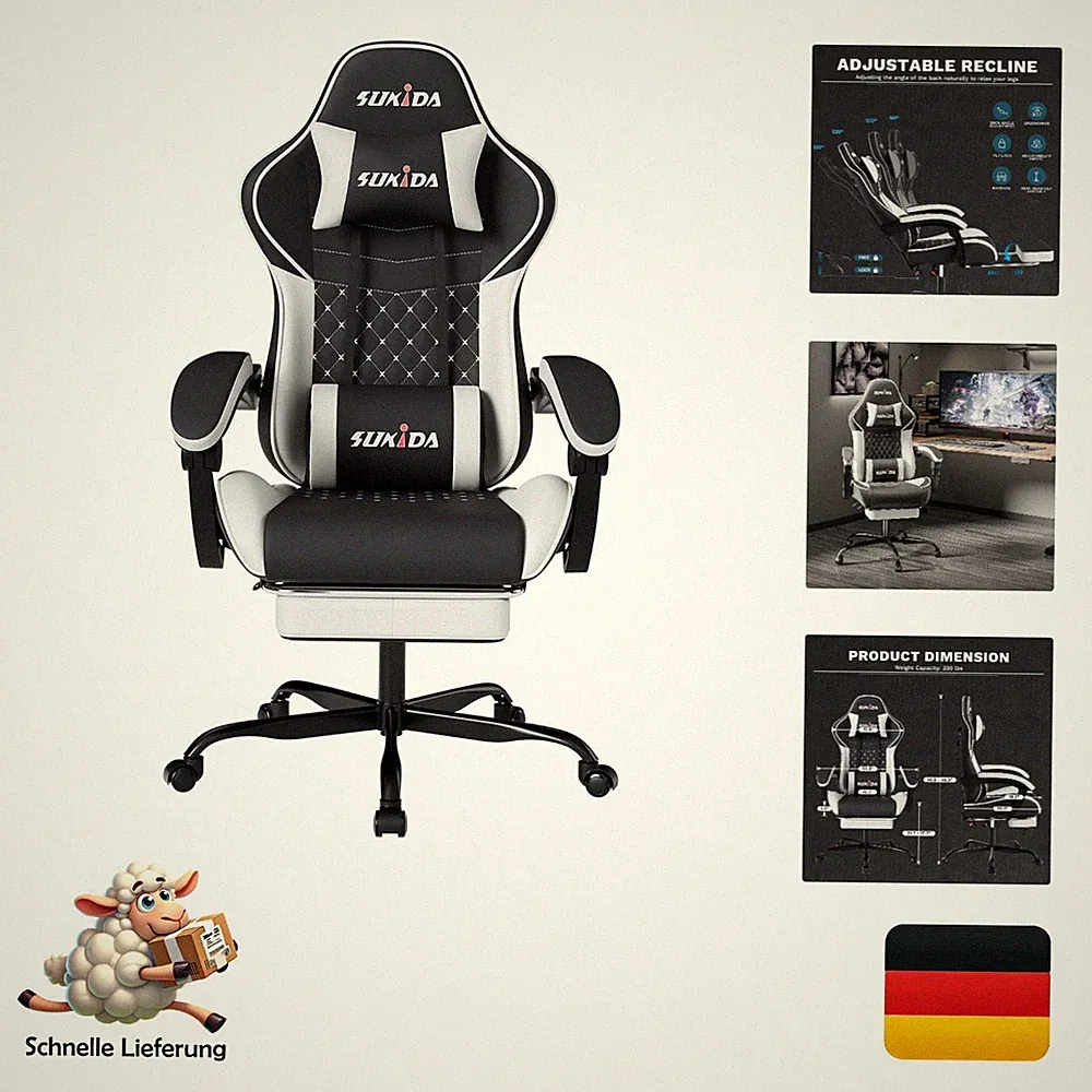 Sukida Gaming Stuhl Ergonomischer Bürostuhl mit Fußstütze verstellbar 90-135°...