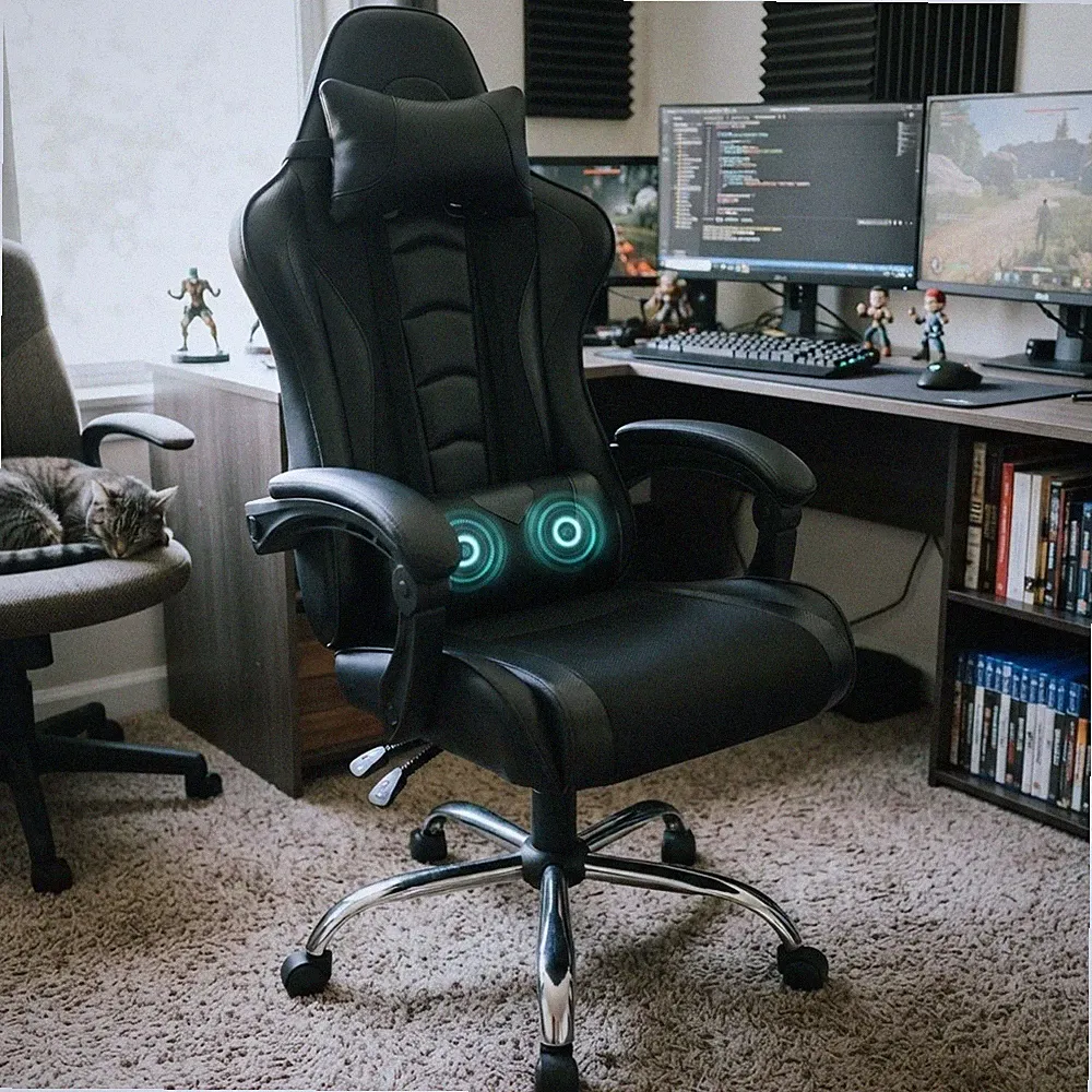 Voll Schwarz Ergonomischer Gaming Stuhl mit Massage Lendenkissen & Höhenverstellbar