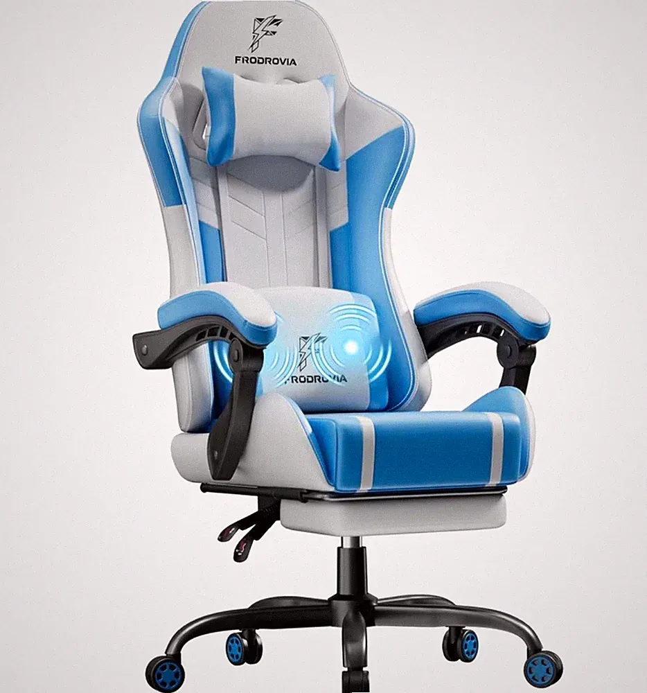 Weiß blauer Gaming Bürostuhl Fußstütze Massage-Lendenkissen ergonomischer Stuhl