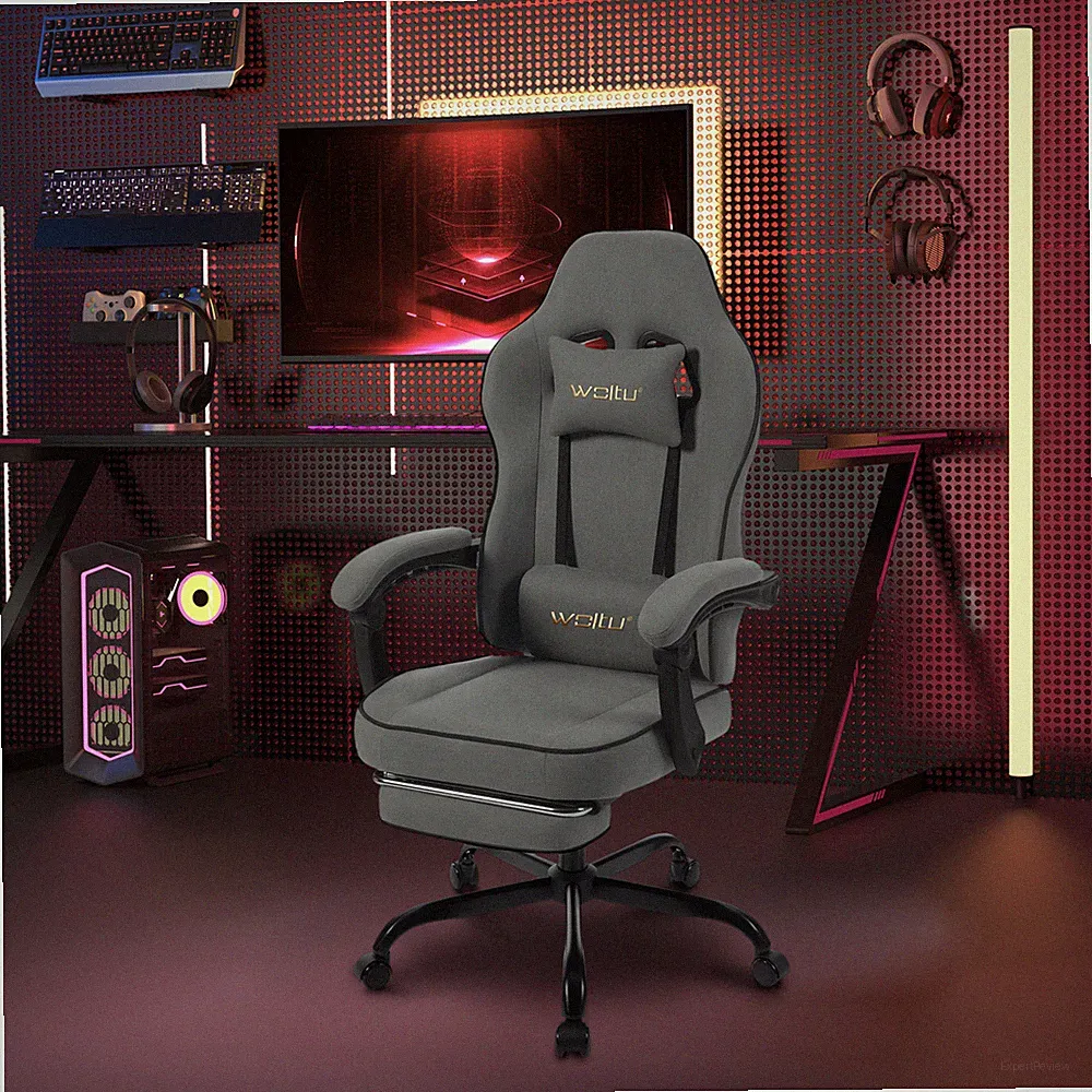 WOLTU Gaming Stuhl Bürostuhl ergonomisch Drehstuhl mit Kopfkissen Fußstütze Grau