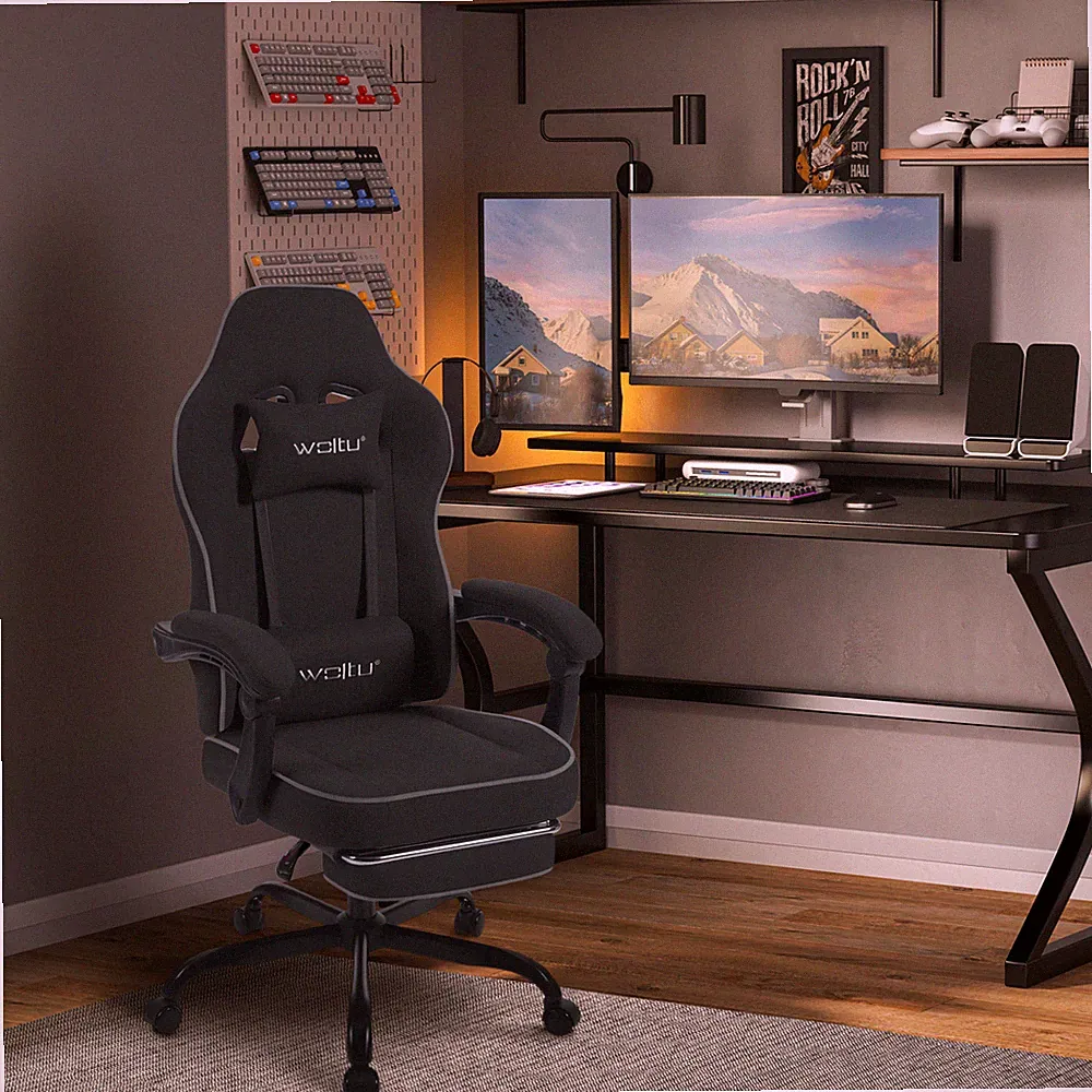 WOLTU Gaming Stuhl ergonomisch Bürostuhl Drehstuhl Kopfkissen Fußstütze Schwarz