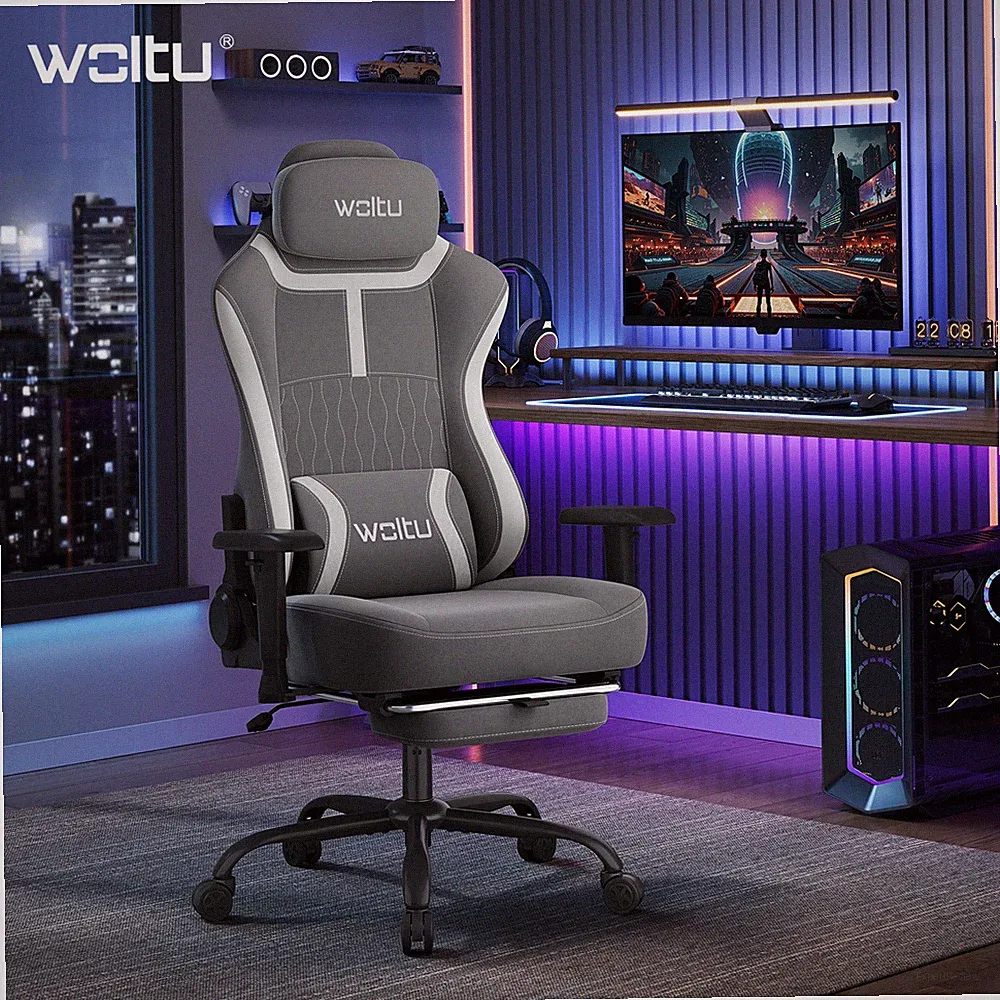 WOLTU Gaming Stuhl Stoff Ergonomischer Bürostuhl mit Fußstütze 2D Armlehnen Grau