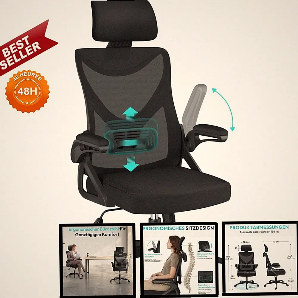 Yaheetech Ergonomischer Bürostuhl mit Armlehnen und Kopfstütze Schwarz