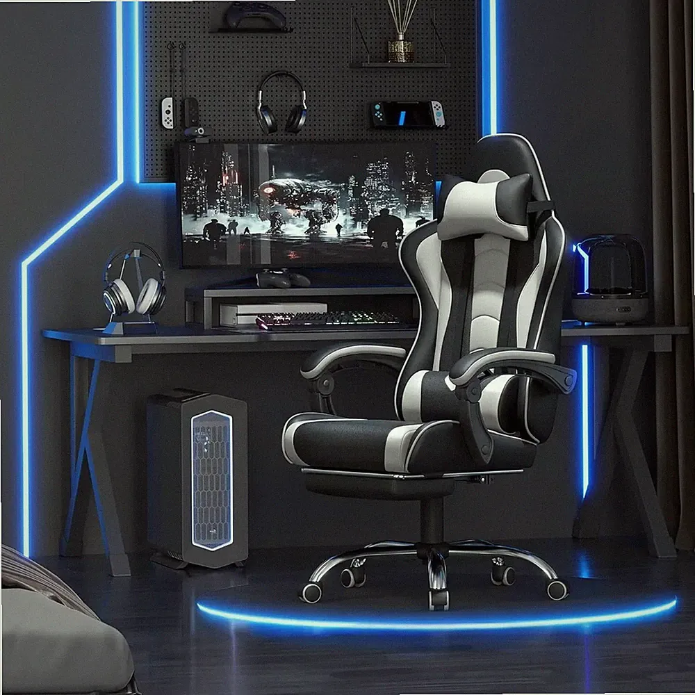 Yaheetech Gaming-Bürostuhl Massagefunktion Fußstütze Ergonomisch Schwarz-Weiß