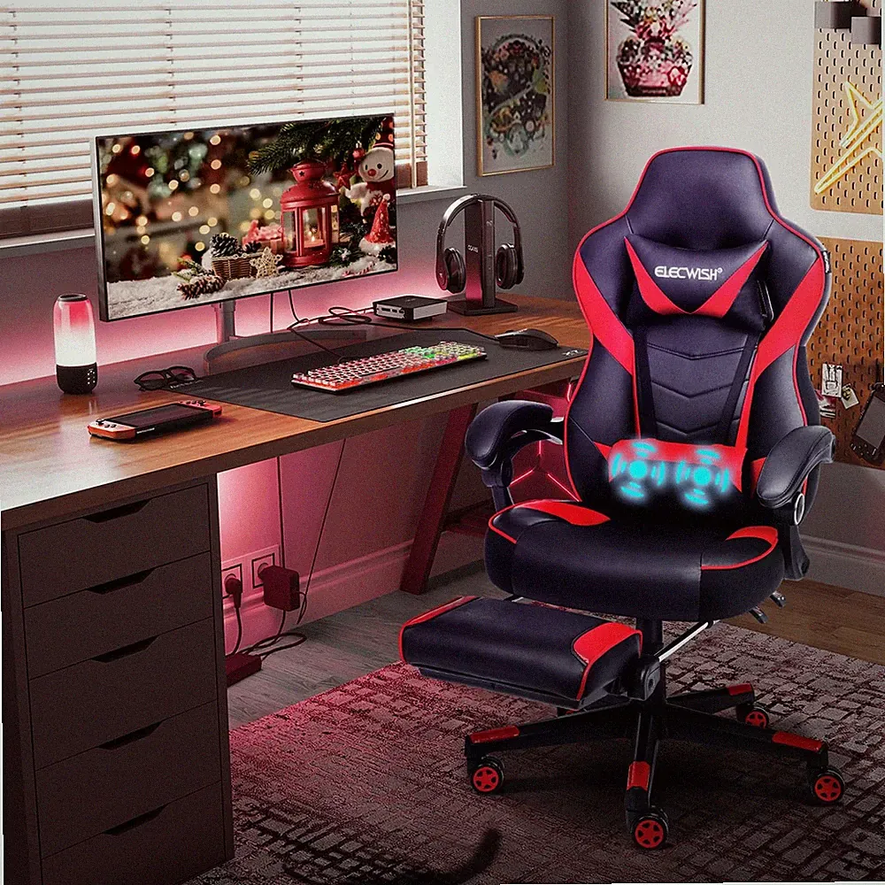 YU YUSING Gaming Stuhl Ergonomisch Höhenverstellbar mit Fußstütze Schwarz Rot