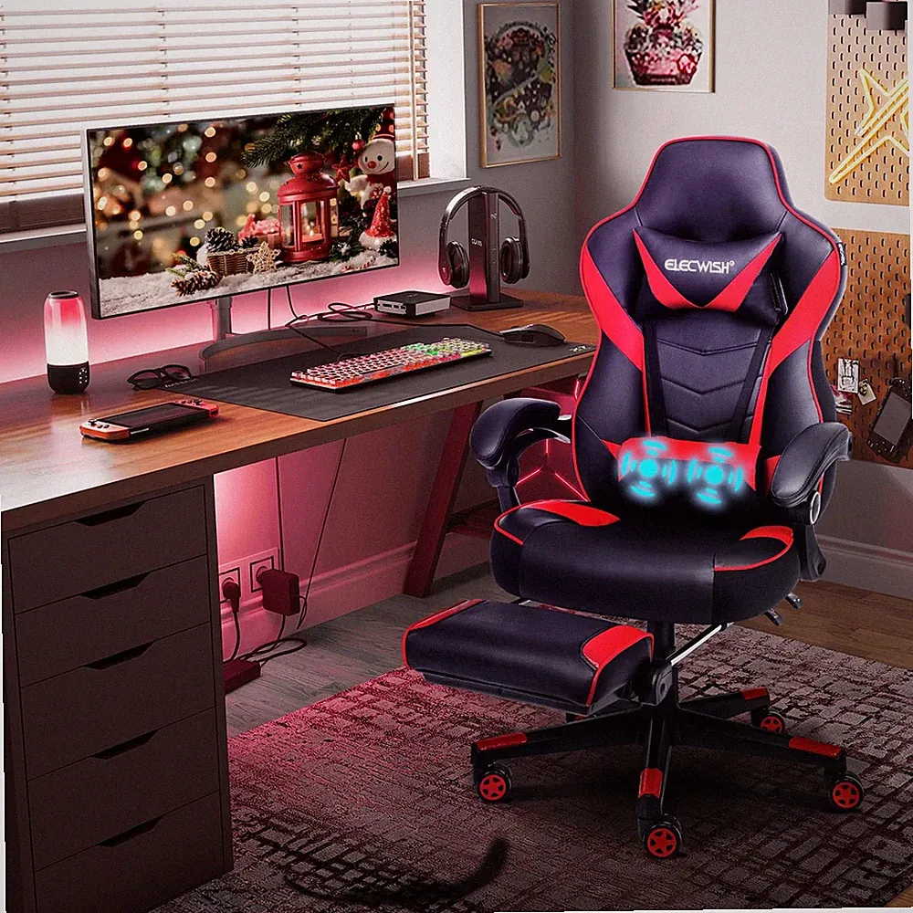 YU YUSING Gaming Stuhl Ergonomisch Schwarz Rot, Höhenverstellbar 150 kg